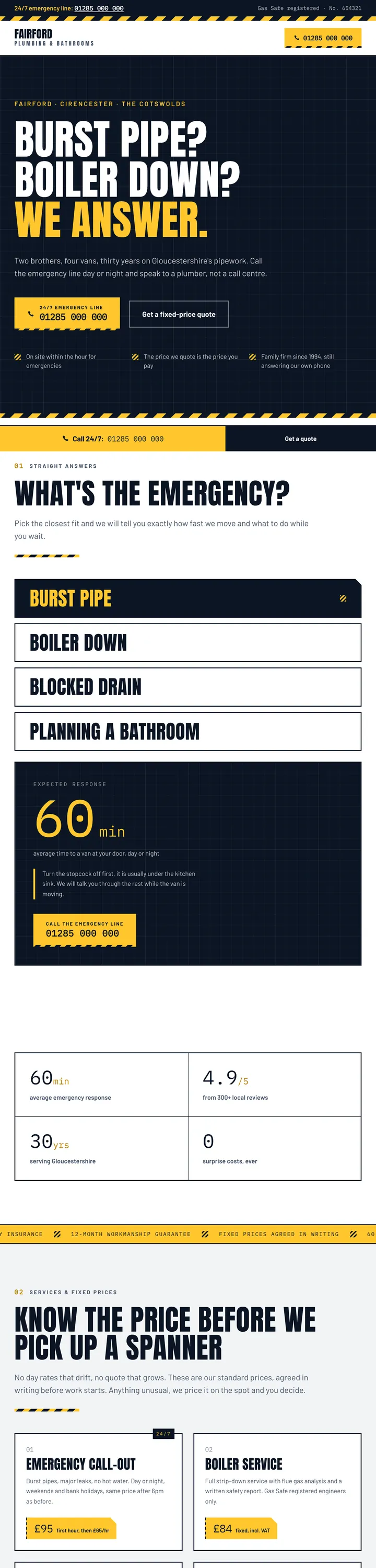 Fairford Plumbing & Bathrooms website - bold UK trade brand