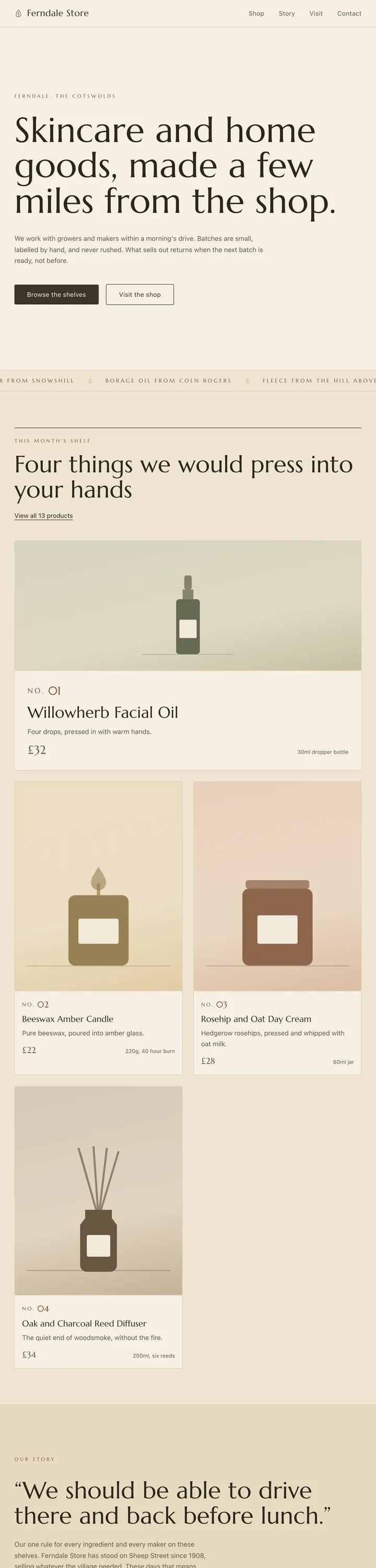 Ferndale Store website - warm apothecary-minimal skincare and home goods
