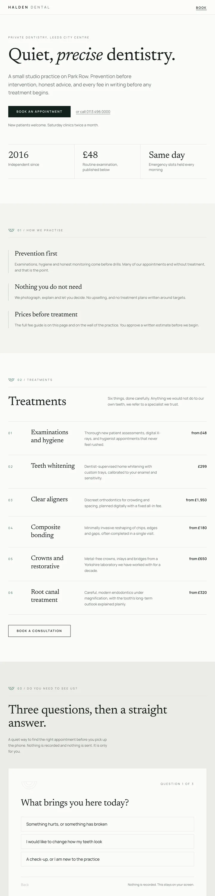 Halden Dental website - calm minimal private dental studio