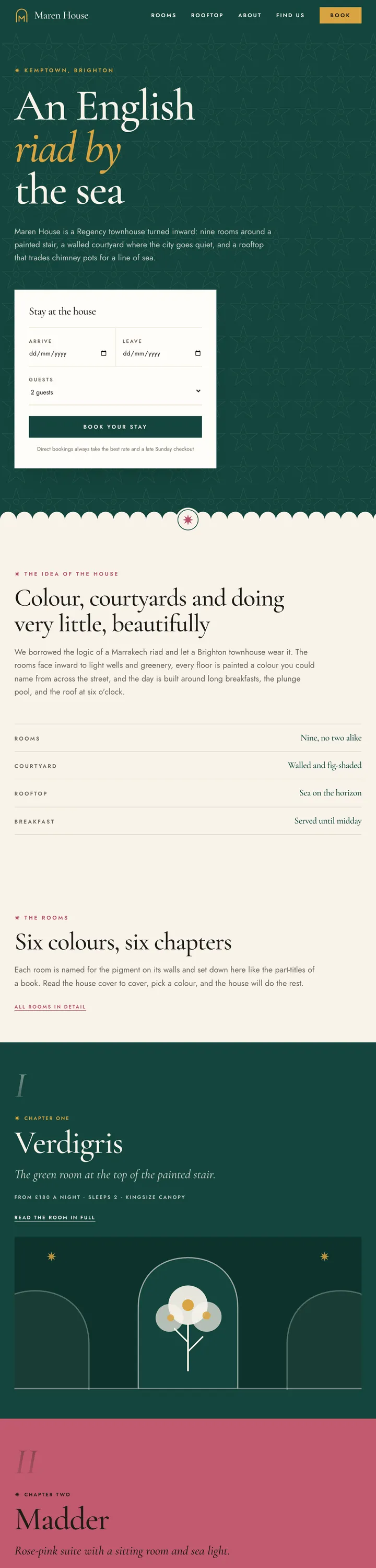 Maren House website - jewel-toned boutique townhouse hotel