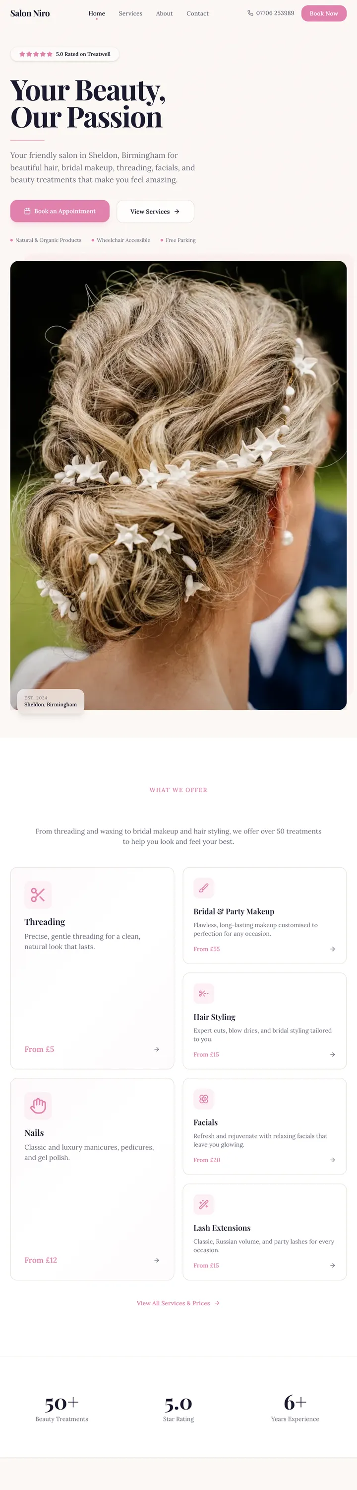 Salon Niro website - warm editorial hair and beauty salon