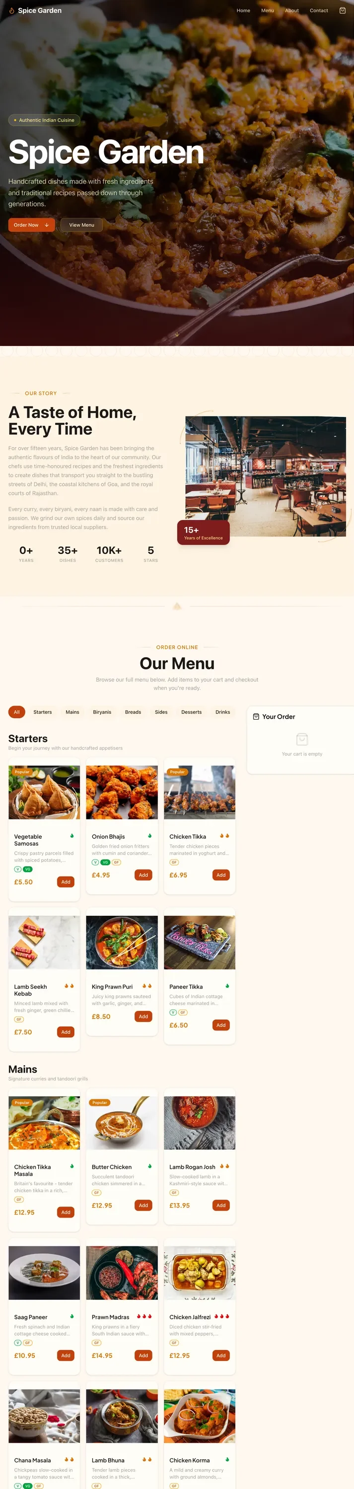 Spice Garden website - modern Indian restaurant with interactive menu